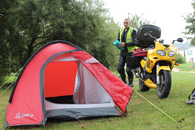 Tent is up at the camp site in Belfort, France